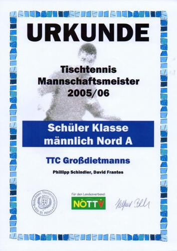 Urkunde 2005-06 (Mannschaftsmeister - Schüler Klasse männlich Nord A)