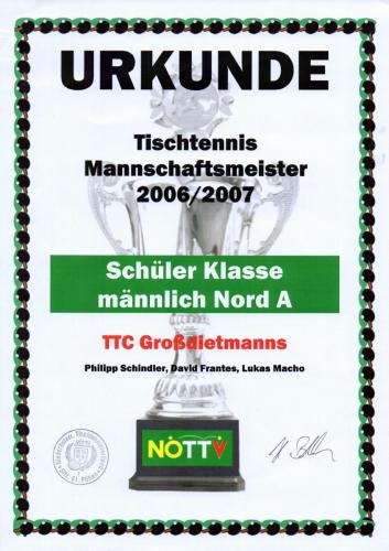 Urkunde 2006-07 (Mannschaftsmeister - Schüler Klasse männlich Nord A)