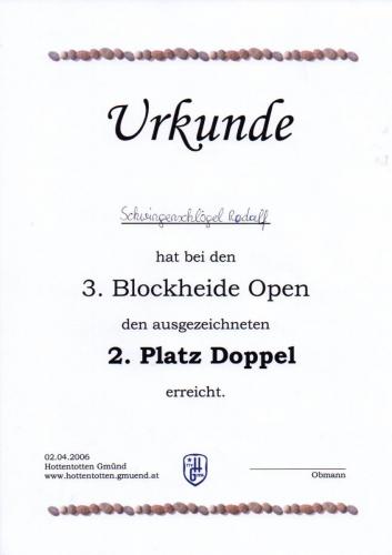 Urkunde 2006.04.02 (3. Blockheide Open - 2. Platz im Bewerb Doppel)