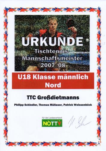 Urkunde 2007-08 (Mannschaftsmeister - U18 Klasse männlich Nord)