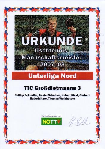 Urkunde 2007-08 (Mannschaftsmeister - Unterliga Nord)