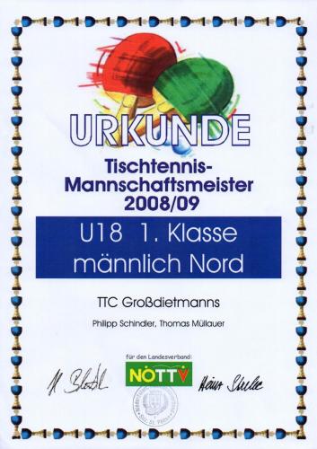 Urkunde 2008-09 (Mannschaftsmeister - U18 1. Klasse männlich Nord)