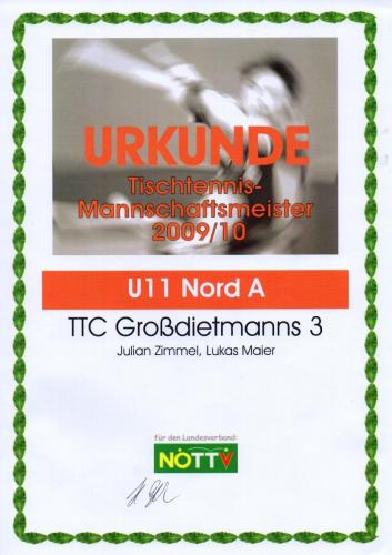 Urkunde 2009-10 (Mannschaftsmeister - U11 Nord A)
