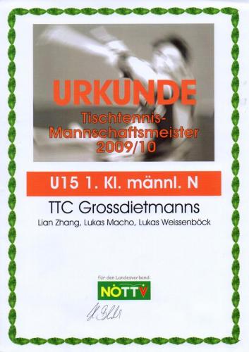 Urkunde 2009-10 (Mannschaftsmeister - U15 1.Klasse männlich Nord)