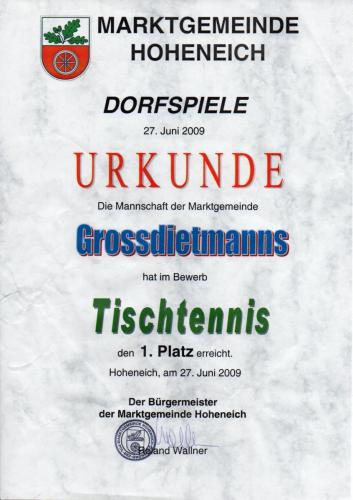 Urkunde 2009.06.27 (Dorfspiele - 1. Platz im Bewerb Tischtennis)