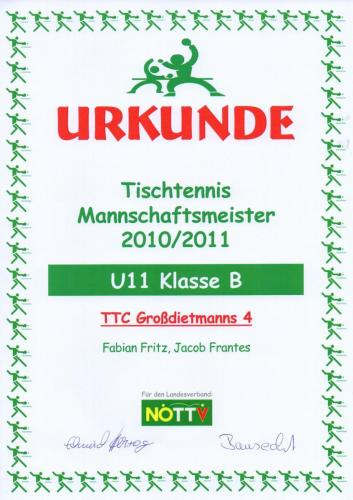 Urkunde 2010-11 (Mannschaftsmeister - U11 Klasse B)