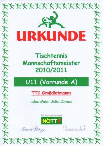 Urkunde 2010-11 (Mannschaftsmeister - U11 Vorrunde A)