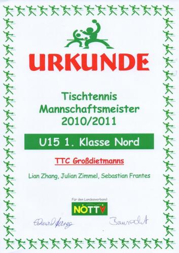 Urkunde 2010-11 (Mannschaftsmeister - U15 1. Klasse Nord)