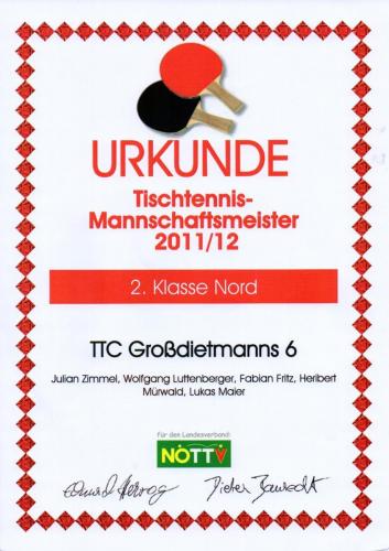 Urkunde 2011-12 (Mannschaftsmeister - 2. Klasse Nord)