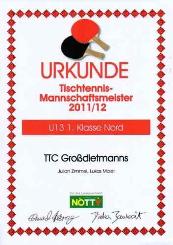 Urkunde 2011-12 (Mannschaftsmeister - U13 1. Klasse Nord)