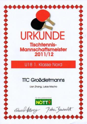 Urkunde 2011-12 (Mannschaftsmeister - U18 1. Klasse Nord)