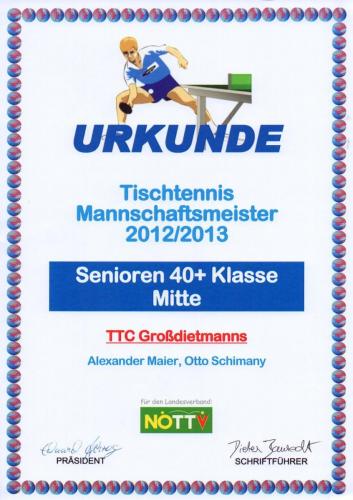 Urkunde 2012-13 (Mannschaftsmeister - Senioren 40+ Klasse Mitte)