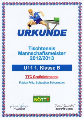 Urkunde 2012-13 (Mannschaftsmeister - U11 1. Klasse B)