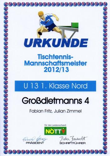 Urkunde 2012-13 (Mannschaftsmeister - U13 1. Klasse Nord)