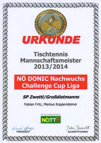 Urkunde 2013-14 (Mannschaftsmeister - NÖ Donic Nachwuchs Challenge Cup Liga)