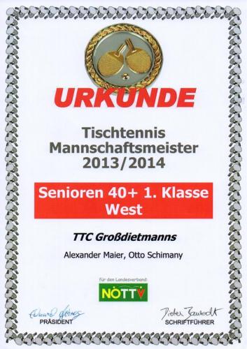 Urkunde 2013-14 (Mannschaftsmeister - Senioren 40+ 1. Klasse West)