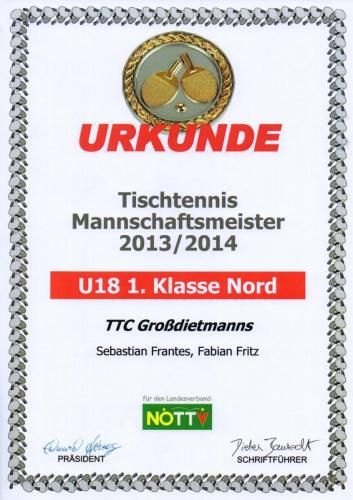 Urkunde 2013-14 (Mannschaftsmeister - U18 1. Klasse Nord)