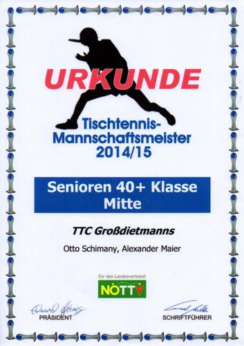Urkunde 2014-15 (Mannschaftsmeister - Senioren 40+ Klasse Mitte)