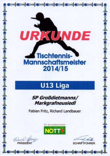 Urkunde 2014-15 (Mannschaftsmeister - U13 Liga)