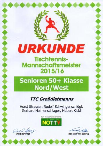 Urkunde 2015-16 (Mannschaftsmeister - Senioren 50+ Klasse Nord-West)